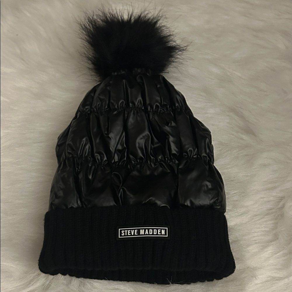 Steve Madden Shiny Black  Pom-Pom Hat